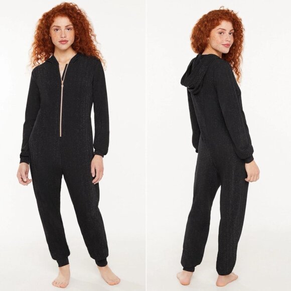 Savage X Fenty Pants - SAVAGE X FENTY Rihanna Sleep & Shine Hooded Jumpsuit  L Black PJ Loungewear